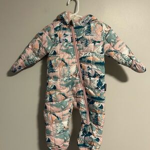 The North Face 3/6m Pink & green mountain Hooded fleece lined One-Piece Snowsuit